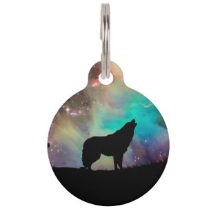 Wolf howling at the universe pet tag