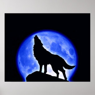 Wolf Howling Blue Full Moon Night Poster