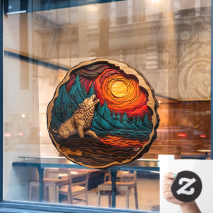 Wolf Howling Faux Wood Carving Wild Nature Window Cling