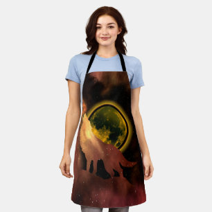 WOLF HOWLING IN SPACE MOON GALAXY APRON