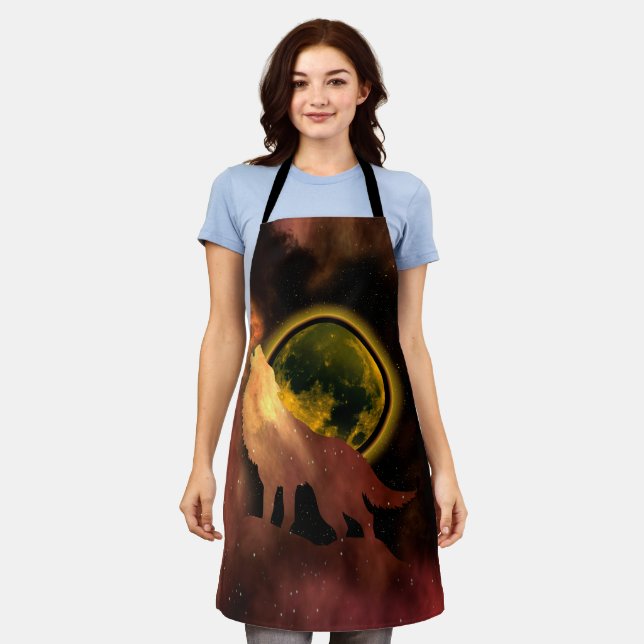 WOLF HOWLING IN SPACE MOON GALAXY    APRON (Worn)