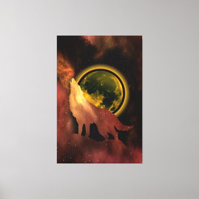 WOLF HOWLING IN SPACE MOON GALAXY    CANVAS PRINT (Front)