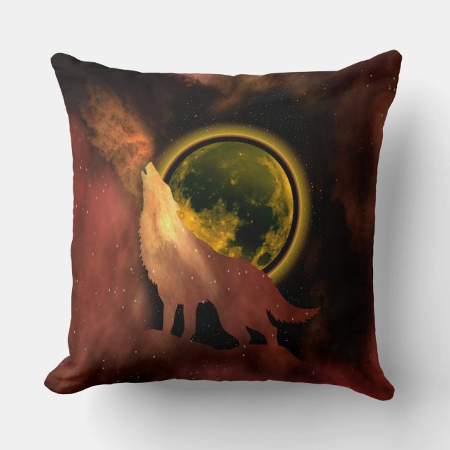 WOLF HOWLING IN SPACE MOON GALAXY   CUSHION (Front)