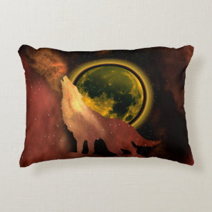 WOLF HOWLING IN SPACE MOON GALAXY  DECORATIVE CUSHION