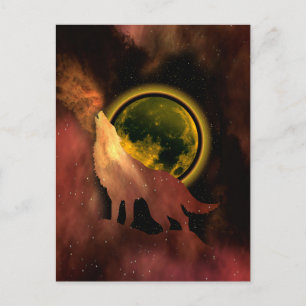 WOLF HOWLING IN SPACE MOON GALAXY  POSTCARD