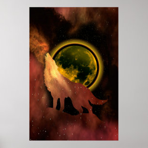 WOLF HOWLING IN SPACE MOON GALAXY POSTER