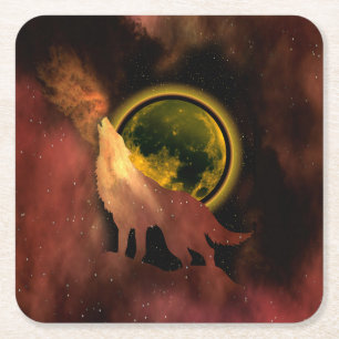 WOLF HOWLING IN SPACE MOON GALAXY SQUARE PAPER COASTER