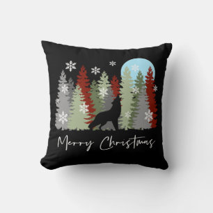 Wolf Howling In The Forest Merry Christmas Trees  Cushion