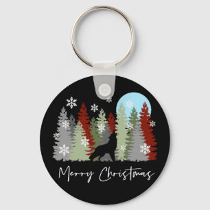 Wolf Howling In The Forest Merry Christmas Trees Key Ring