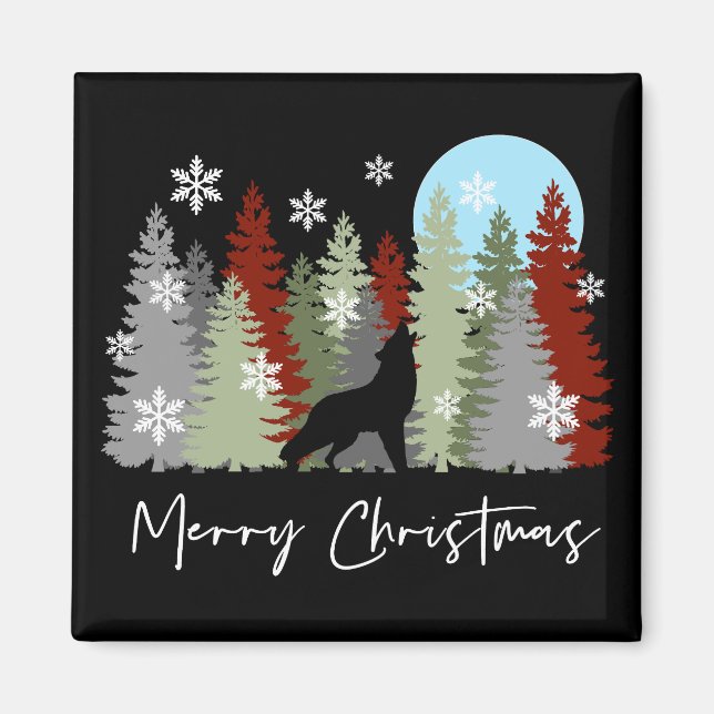 Wolf Howling In The Forest Merry Christmas Trees  Magnet (Front)
