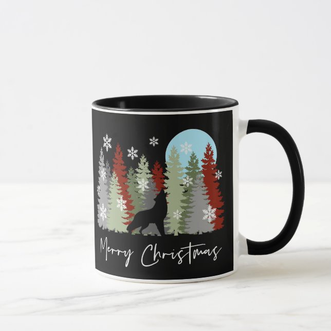 Wolf Howling In The Forest Merry Christmas Trees  Mug (Right)