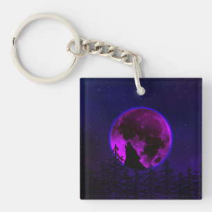 WOLF HOWLING MOON MAGENTA KEY RING