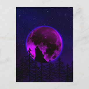 WOLF HOWLING MOON MAGENTA POSTCARD