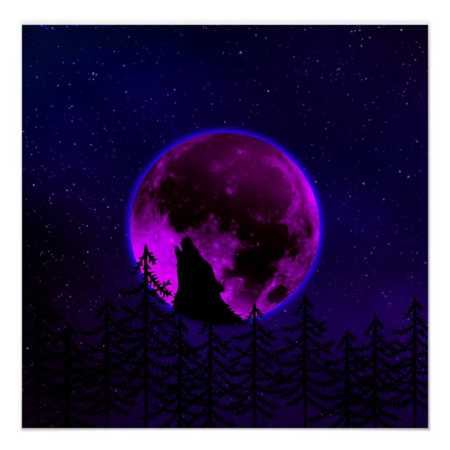 WOLF HOWLING MOON MAGENTA  POSTER (Front)