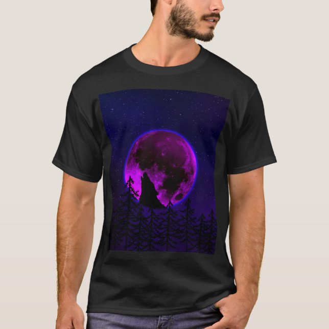 WOLF HOWLING MOON MAGENTA  T-Shirt (Front)