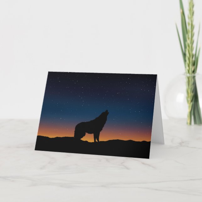 Wolf Howling Silhouette at Sunset Greeting Card (Front)