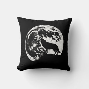 Wolf Howling Silhouetted Against a Full Moon Cushion