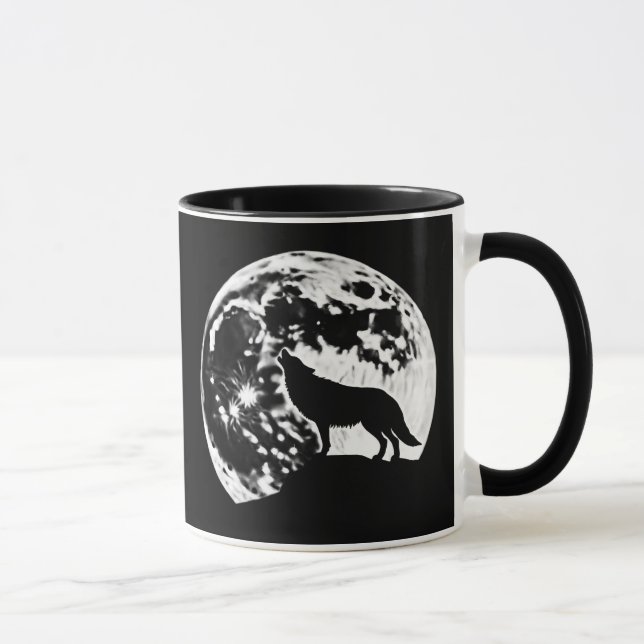 Wolf Howling Silhouetted Against a Full Moon Mug (Right)