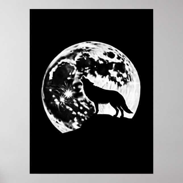 Wolf Howling Silhouetted Against a Full Moon Poster (Front)