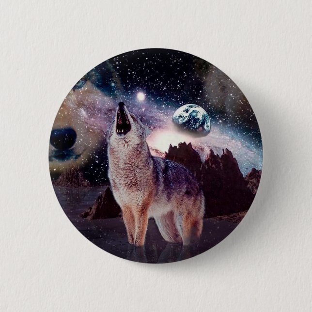 Wolf howling through the universe 6 cm round badge (Front)