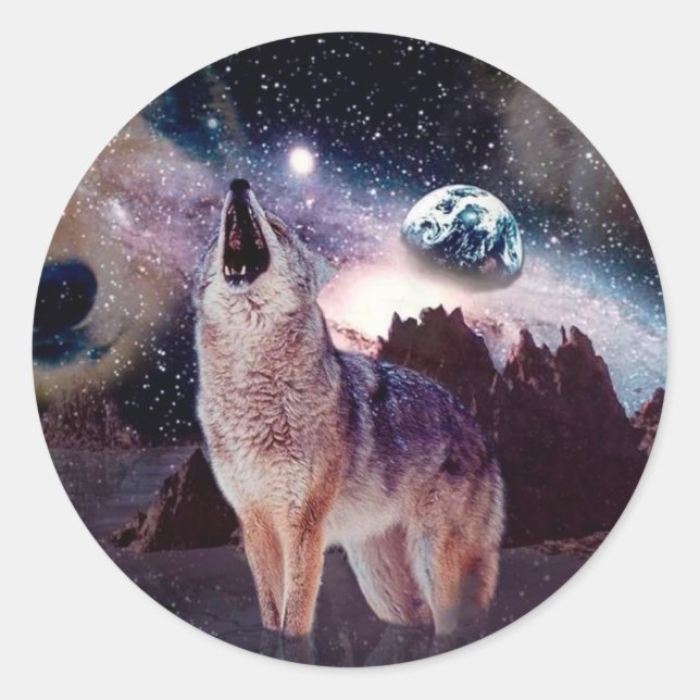 Wolf howling through the universe classic round sticker (Front)