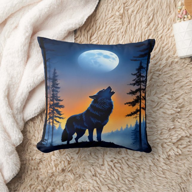 Wolf Howling Under A Dusk Sunset in Mountains Cushion (Blanket)