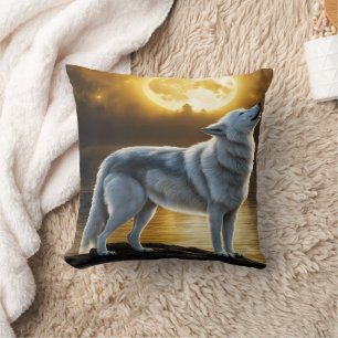 Wolf Howling Under Full Moon by Serene Lake Cushion