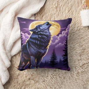 Wolf Howling Under Full Moon.  Cushion