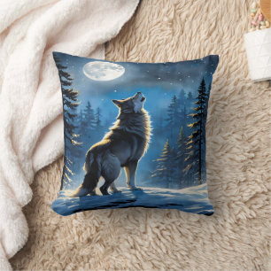 Wolf Howling Under Full Moon in Snowy Forest Cushion