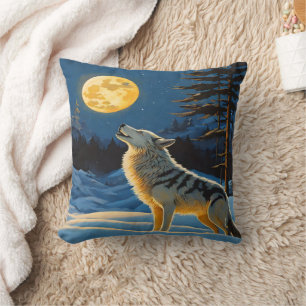 Wolf Howling Under Full Moon in Winter Landscape Cushion