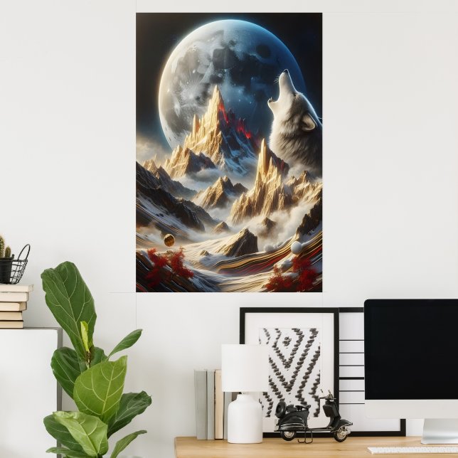 Wolf Howling Under Lunar Peaks Poster (Home Office)