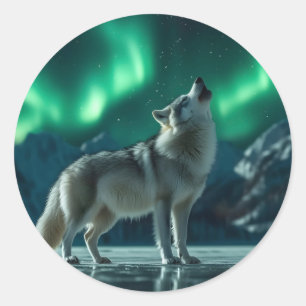 Wolf Howling Under the Northern Lights Classic Round Sticker