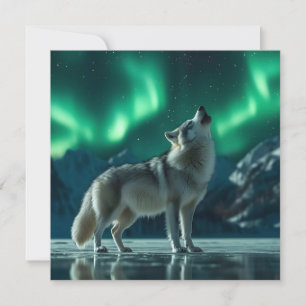 Wolf Howling Under the Northern Lights Holiday Card