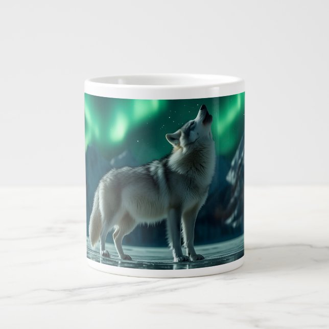 Wolf Howling Under the Northern Lights Large Coffee Mug (Front)