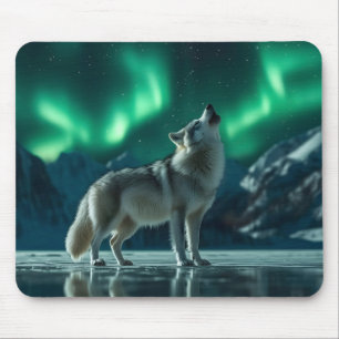 Wolf Howling Under the Northern Lights Mouse Mat