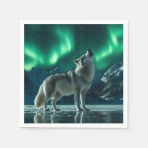 Wolf Howling Under the Northern Lights Napkin