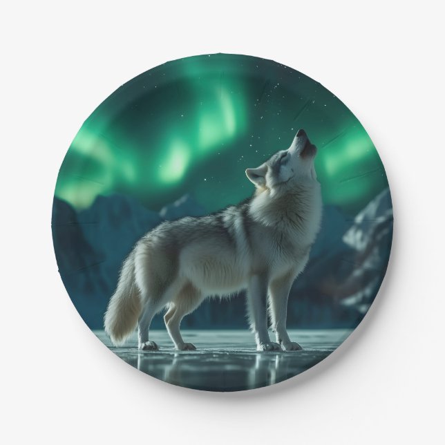 Wolf Howling Under the Northern Lights Paper Plate (Front)
