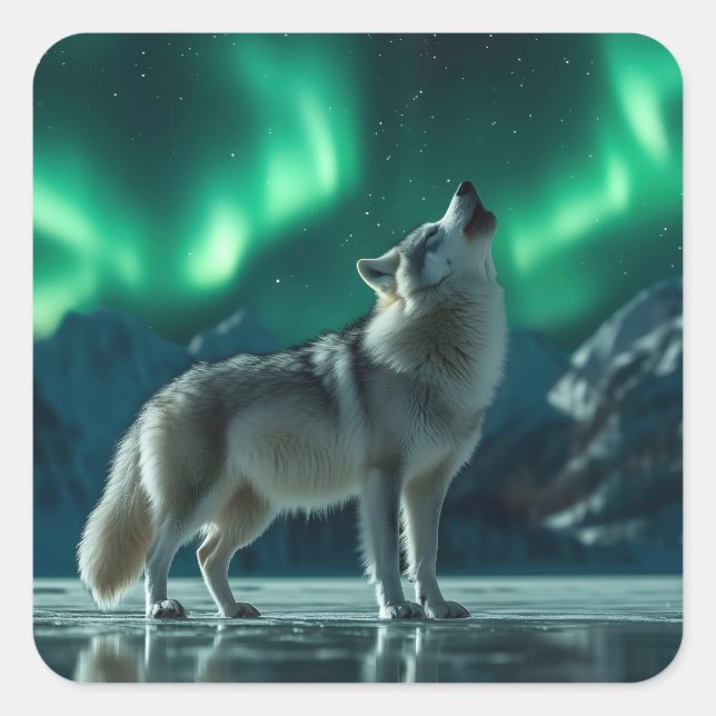 Wolf Howling Under the Northern Lights Square Sticker (Front)