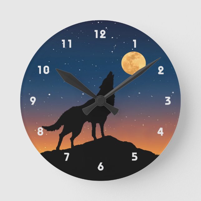 Wolf Howling with Full Moon Night Sky and Stars Round Clock (Front)