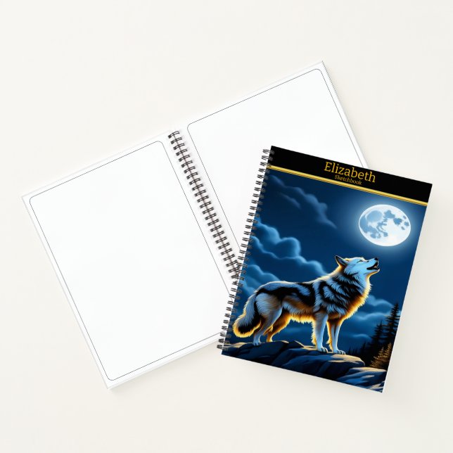 Wolf howls at moon in night sky notebook (Inside)