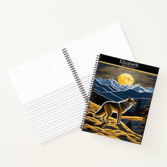Wolf howls at the luminous moon on a sketchbook notebook (Inside)