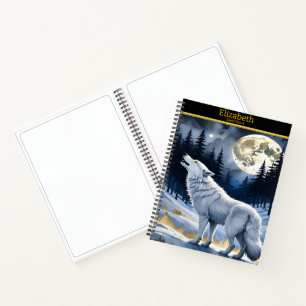 Wolf howls at the moon in the forest notebook