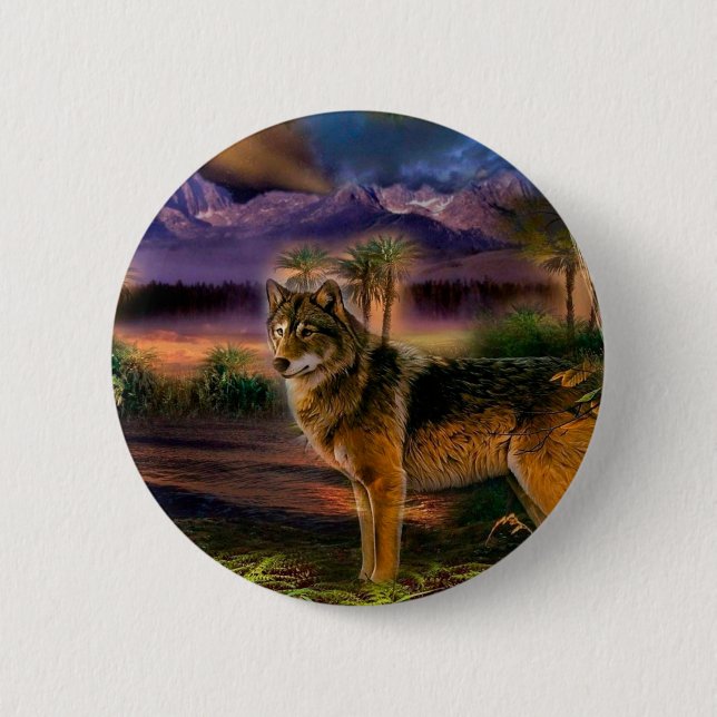 Wolf hunting in mountain 6 cm round badge (Front)