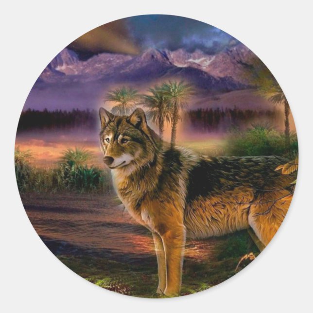 Wolf hunting in mountain classic round sticker (Front)