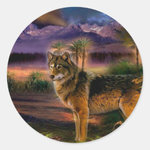 Wolf hunting in mountain classic round sticker