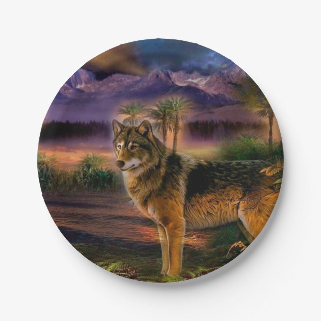 Wolf hunting in mountain paper plate (Front)