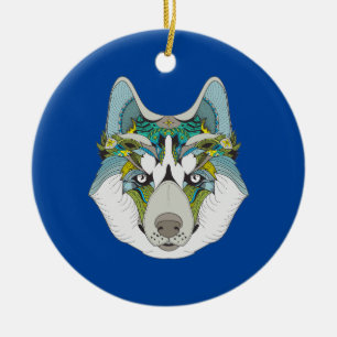 Wolf husky embellished green blue ceramic tree decoration