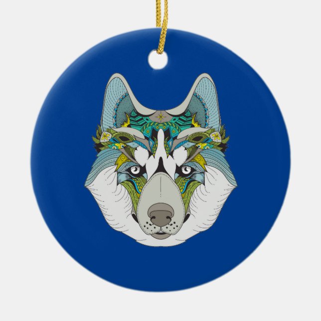 Wolf husky embellished green blue ceramic tree decoration (Front)