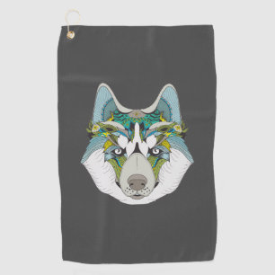 Wolf husky embellished green blue golf towel