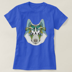 Wolf husky embellished green blue T-Shirt